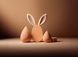 Leinwandbilder - A minimalist Easter scene featuring an egg-shaped object with bunny ears, flanked by teardrop shapes on a neutral background.  The forms are smooth and subtly lit.