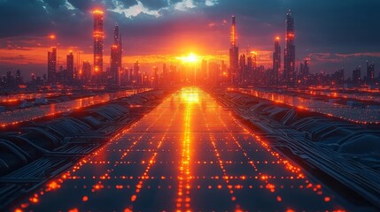 Poster - Futuristic Cityscape at Dusk Showcasing Renewable Energy Technology for Business Investment