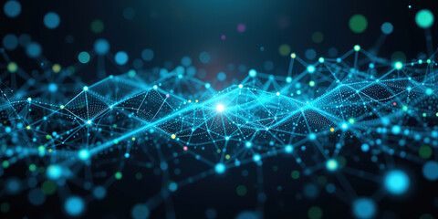 Aufkleber - Abstract digital network background banner with glowing light and connecting data dots in blue and green colors. Big data technology concept, 8k