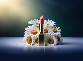 Aufkleber - A red lipstick with a gold case stands amidst a cluster of white daisies, illuminated by a soft light.  The scene is set against a dark, moody background, creating a striking contrast.