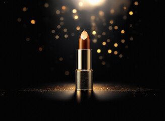Aufkleber - A luxurious brown lipstick stands elegantly on a dark surface, illuminated by a warm, golden spotlight.  Sparkling golden particles surround it, creating a glamorous effect.