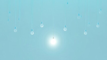 Poster - Softly glowing light bulbs dangle from above, casting a gentle illumination that enhances the tranquility of the peaceful light blue background in a calming space