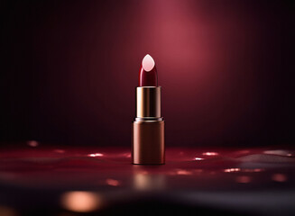 Poster - A single tube of deep red lipstick stands on a dark, reflective surface, subtly illuminated.  The rich color contrasts beautifully with the gold casing.