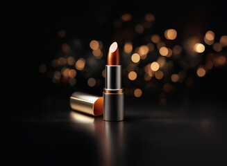 Aufkleber - A metallic copper lipstick stands elegantly against a dark background, illuminated by warm bokeh lights.  Its sleek, gold-accented tube reflects the soft glow.