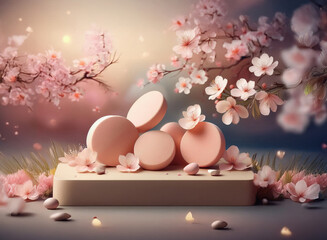 Poster - Soft pink blossoms frame pastel pink geometric shapes on a platform.  A dreamy, spring-like scene with bokeh effects and subtle lighting creates a serene mood.
