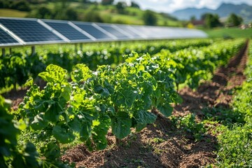 Poster - sustainable farm with solar panels and automated systems surrounded by vibrant greenery business inv