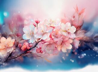 Soft watercolor painting of delicate pink and white blossoms on a branch, with a dreamy, blurred background of pastel colors and sparkling lights.