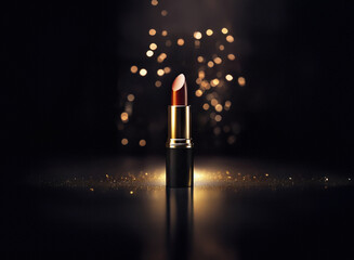 Poster - A single tube of dark red lipstick stands elegantly against a black background, illuminated by sparkling golden light.  The luxurious scene evokes glamour and sophistication.