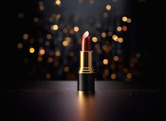 Poster - A single tube of dark red lipstick stands on a reflective surface against a backdrop of sparkling golden bokeh.  The elegant lipstick and its luxurious presentation suggest sophistication and glamour.