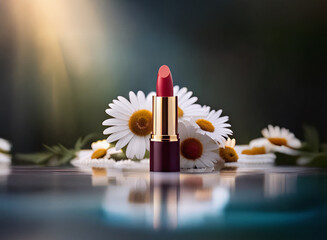 Poster - A single tube of red lipstick sits among white daisies, reflected on a dark, glassy surface.  Soft light enhances the product.