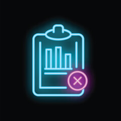 Poster - Glowing neon icon of a clipboard showing a rejected business report with a bar chart, ideal for marketing or business materials