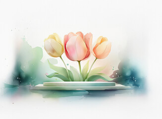 Aufkleber - Three pastel tulips on a light green pedestal, set against a soft watercolor background.  Delicate, elegant, and spring-like.