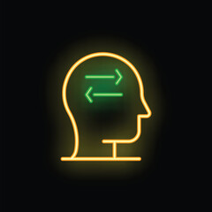 Poster - Neon human head silhouette with green arrows representing data exchange processes, symbolizing concepts like knowledge sharing, communication, and learning