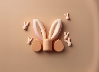 Leinwandbilder - A cute 3D rendering of a bunny's head with Easter eggs, surrounded by smaller bunny icons against a muted beige background.  A minimalist and charming Easter design.