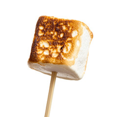 Aufkleber - A single roasted marshmallow on a wooden stick is shown against a black background.  The marshmallow is golden brown and slightly charred.