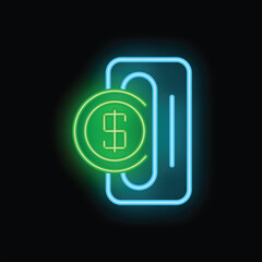 Poster - Neon sign representing online banking with dollar coin over smartphone screen