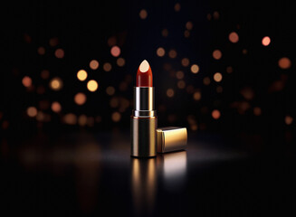 Aufkleber - A dark red lipstick with a gold casing sits on a reflective surface,  illuminated by a bokeh of warm lights.  Elegant and luxurious.