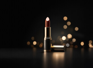 Poster - A single tube of dark red lipstick with gold accents rests on a reflective surface against a bokeh backdrop.  The lighting is dramatic, highlighting the product.