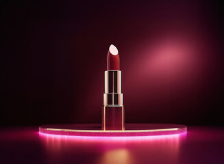 Aufkleber - A single tube of dark red lipstick with a gold casing sits on a circular platform illuminated by a pink neon light against a deep purple backdrop. The lipstick's creamy texture is subtly highlighted.