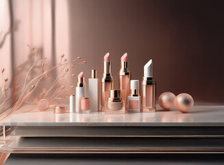 Poster - Elegant display of rose gold and blush-toned beauty products, including lipsticks, lip balm, and cream, arranged on a marble surface with delicate floral accents.