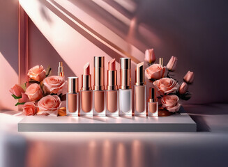 Poster - Soft, natural light illuminates a collection of lipsticks and lip glosses arranged on a white platform, adorned with delicate peach roses.  The setting evokes a feeling of elegance and beauty.