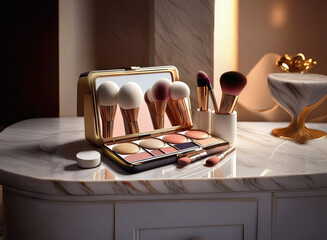 Poster - A luxurious makeup palette and brush set rest on a marble vanity.  The gold accents and soft lighting create an elegant and sophisticated feel.