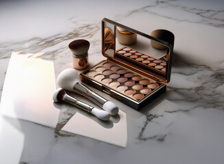 Poster - Elegant eyeshadow palette with two makeup brushes rests on a marble surface. Soft lighting enhances the neutral tones and luxurious feel.