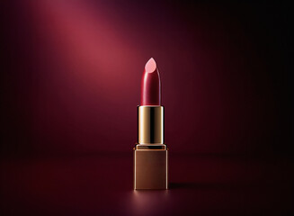 Aufkleber - A single lipstick with a burgundy hue and gold casing is dramatically lit against a deep maroon background.  The subtle shine suggests a moisturizing formula.