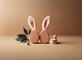 Leinwandbilder - Pastel peach bunny ears atop eggs, nestled with green leaves and small spheres on a beige background.  A minimalist Easter scene.