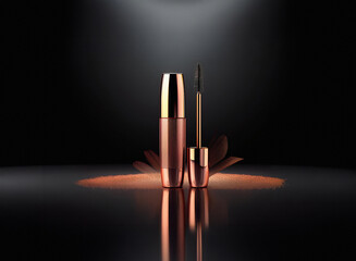 Poster - Rose gold eyeliner pen with applicator displayed on dark reflective surface, surrounded by subtle, shimmering powder.  Elegance and luxury are emphasized.
