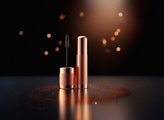 Poster - Rose gold mascara tube and wand on dark reflective surface with bokeh lights.  Elegant and luxurious cosmetic product presentation.