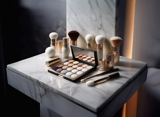 Poster - A luxurious collection of makeup brushes and eyeshadow palettes displayed on a marble surface.  The setting is elegant and minimalist, highlighting the high-quality products.