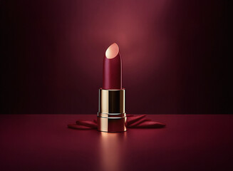 Aufkleber - A single tube of dark red lipstick stands upright on a reflective surface, partially obscured by scattered petals.  The lighting emphasizes the lipstick's rich color and luxurious texture.