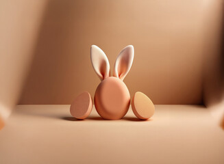 Leinwandbilder - A minimalist Easter still life featuring a peach-colored egg with bunny ears and two accompanying eggs.  Subtle lighting enhances the smooth, matte texture.