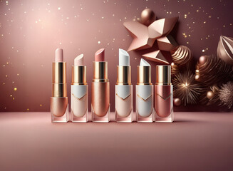 Aufkleber - Five elegant lipsticks in rose gold and nude shades displayed against a festive, sparkling background of gold ornaments.  Perfect for holiday gifting.