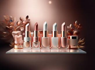 Aufkleber - A luxurious display of lipsticks and a cream in rose gold hues, elegantly arranged on a shelf with metallic leaf accents.  The setting is subtly lit, creating a sophisticated mood.