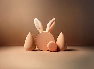 Leinwandbilder - A minimalist Easter scene features a pair of bunny ears perched atop a round object, flanked by two cone-shaped elements and a smaller sphere.  All objects are a muted peach tone against a matching ba