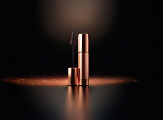 Poster - A rose gold mascara tube and wand, elegantly presented on a dark reflective surface with shimmering particles.  The lighting emphasizes its luxurious feel.