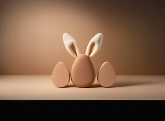 Leinwandbilder - A trio of beige eggs; the center one adorned with fluffy white bunny ears, sits on a neutral backdrop.  A subtle spotlight enhances the Easter-themed scene.