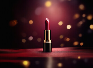 Aufkleber - A single tube of dark red lipstick stands on a rich crimson fabric, dramatically lit against a bokeh background of warm gold lights.  The scene is luxurious and evokes a feeling of glamour.