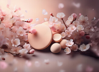 Poster - Delicate pink blossoms surround smooth, pastel-toned geometric forms, creating a serene spring scene.  Falling petals add to the ethereal ambiance.