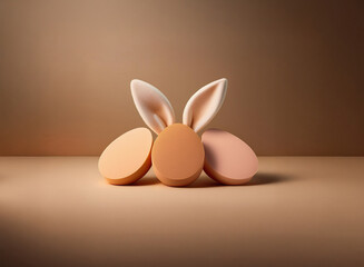 Leinwandbilder - Creamy beige Easter eggs and bunny ears rest on a matching background.  A minimalist, springtime scene.