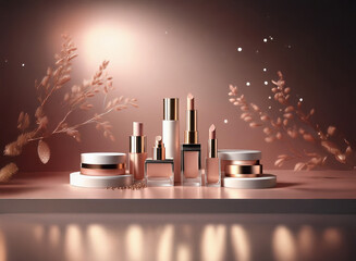 Aufkleber - A luxurious arrangement of skincare and makeup products in rose gold hues.  Elegant presentation with pampas grass accents on a minimalist setting.