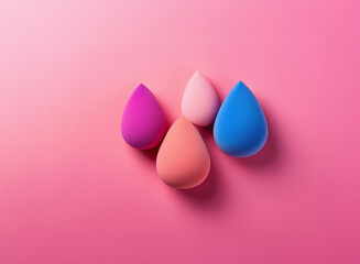 Leinwandbilder - Four colorful teardrop-shaped sponges rest on a pink background.  Their pastel hues create a vibrant yet calming visual.