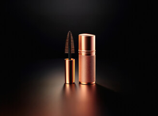 Aufkleber - Rose gold mascara tube and wand on a dark reflective surface.  The elegant packaging highlights the luxurious product.