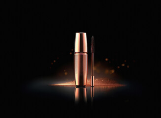 Aufkleber - Elegant rose gold mascara bottle and wand, set against a dark background with sparkling dust, reflecting on a glossy surface.  A luxurious cosmetic product.