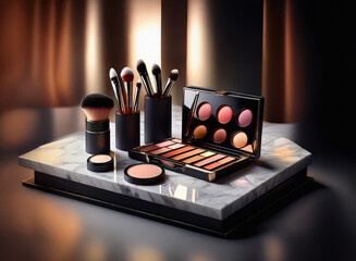 Aufkleber - Elegant makeup brush set and palettes displayed on a marble surface against a rich, bronze backdrop.  The arrangement showcases various shades and textures of cosmetics.