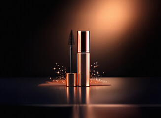 Poster - Rose gold mascara tube and wand,  gleaming on dark reflective surface.  Sparkling dust adds to the luxurious feel.