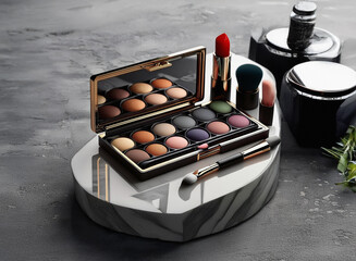 Poster - Elegant makeup palette with eyeshadows, lipstick, and brushes displayed on a reflective surface.  A sophisticated and luxurious beauty product arrangement.
