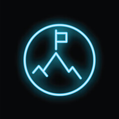 Poster - Blue neon sign showing a mountain with a flag on top symbolizing achievement and success